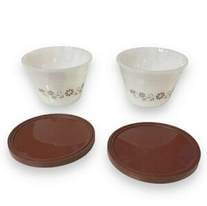 DYNAWARE Termocrisa (Mexican Pyrex) Milk Glass Custard Cup with Lid Brown Daisy